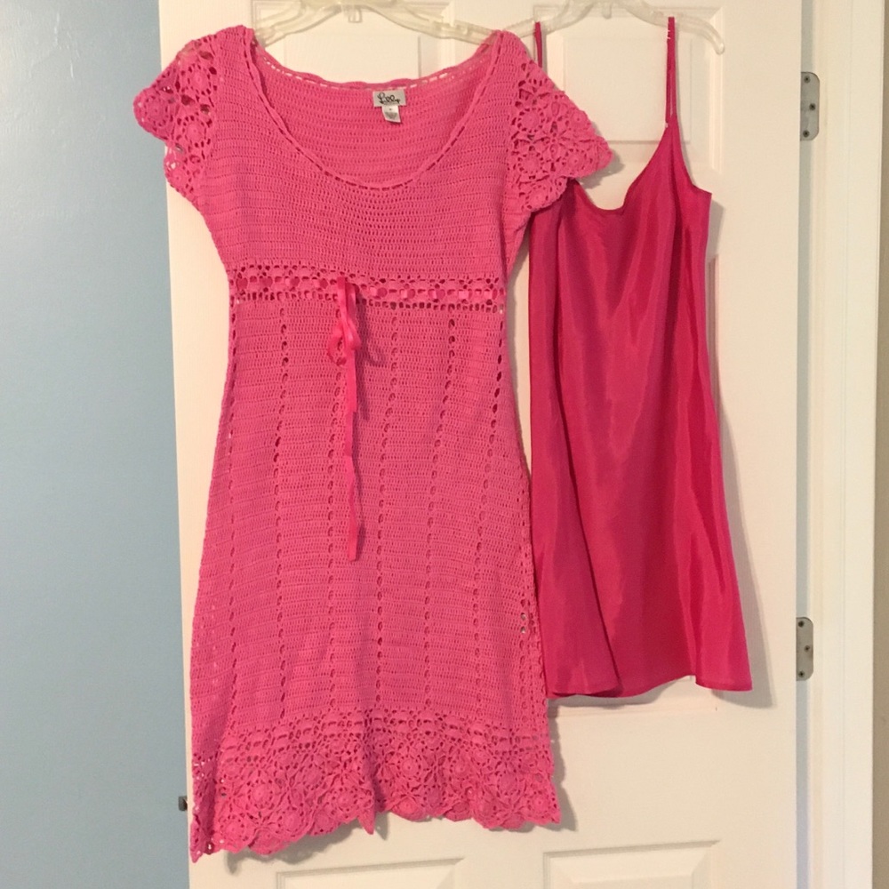 Lilly Pulitzer Vintage Pink Crochet Jeanella S/S Dress w Slip M